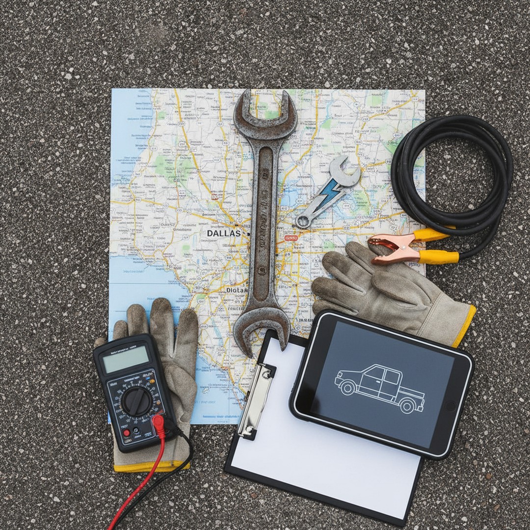 Mobile diesel technician repairing commercial truck on-site