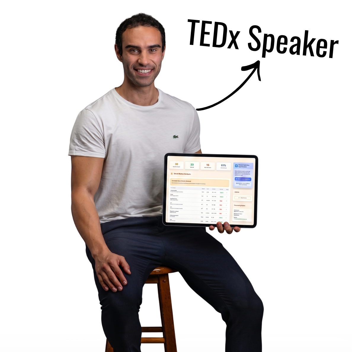 Lucas Aoun holding blood work analysis dashboard