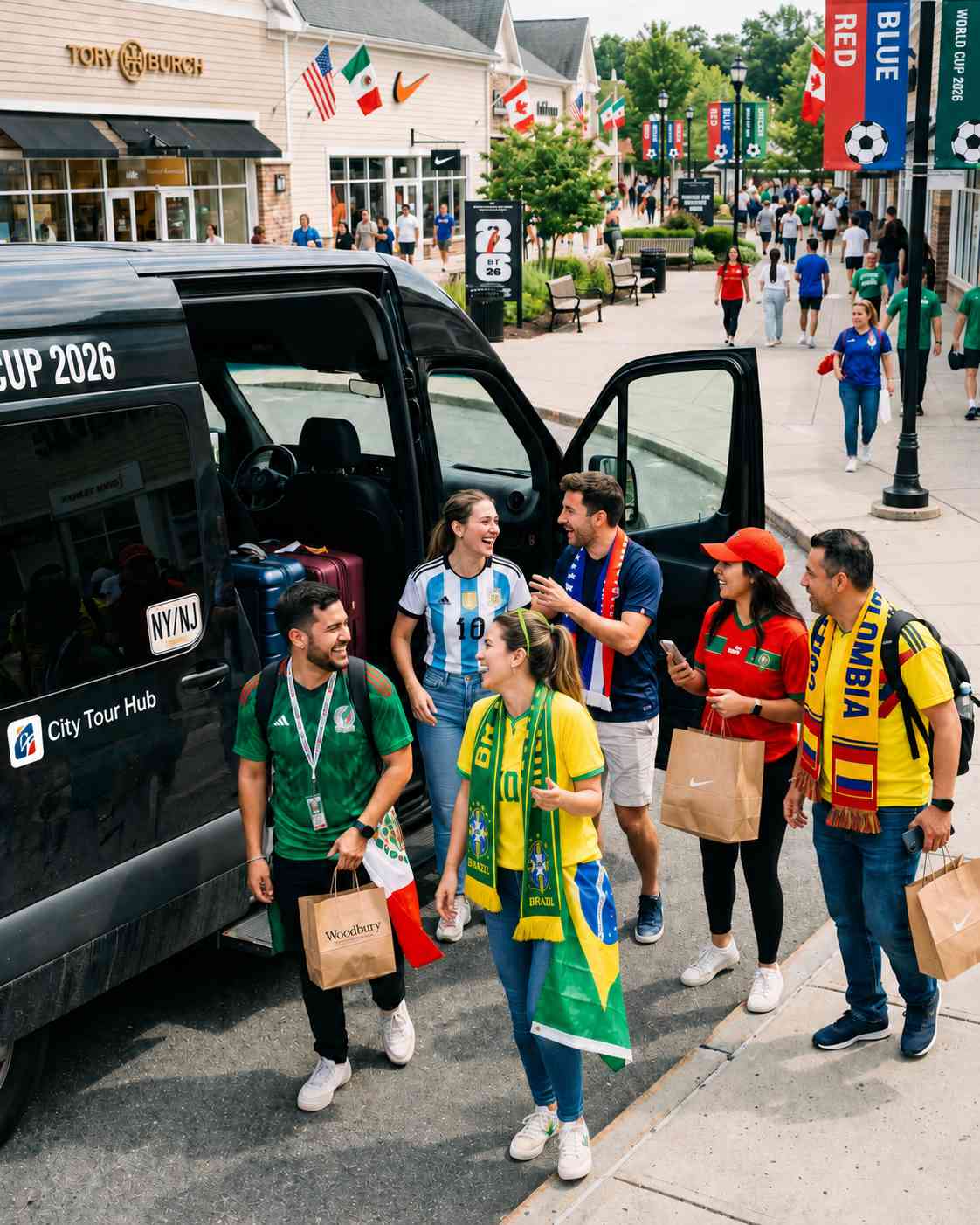 Fans walking through Woodbury at night with World Cup lights