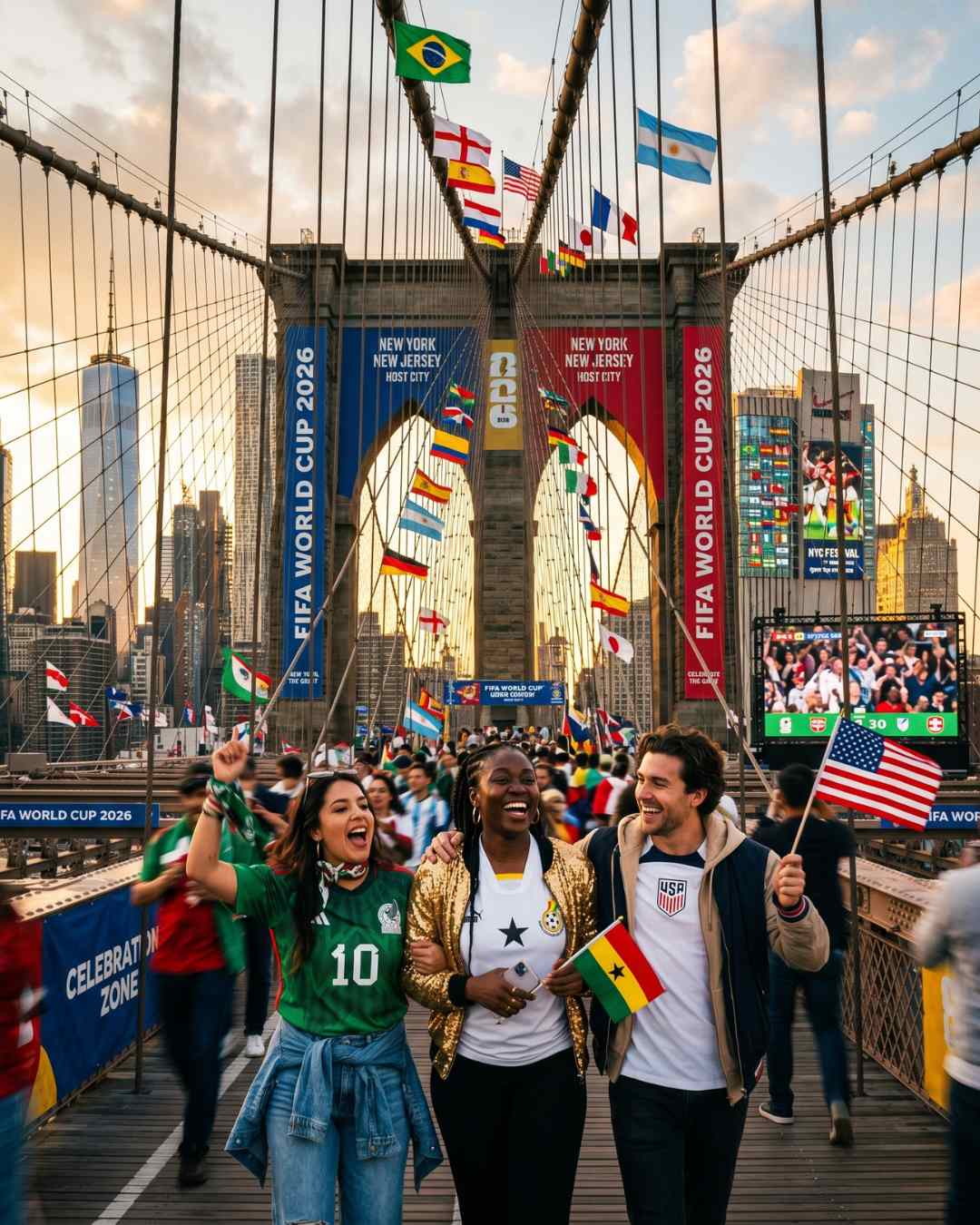 World Cup fans walking across Brooklyn Bridge during New York Contrasts Experience