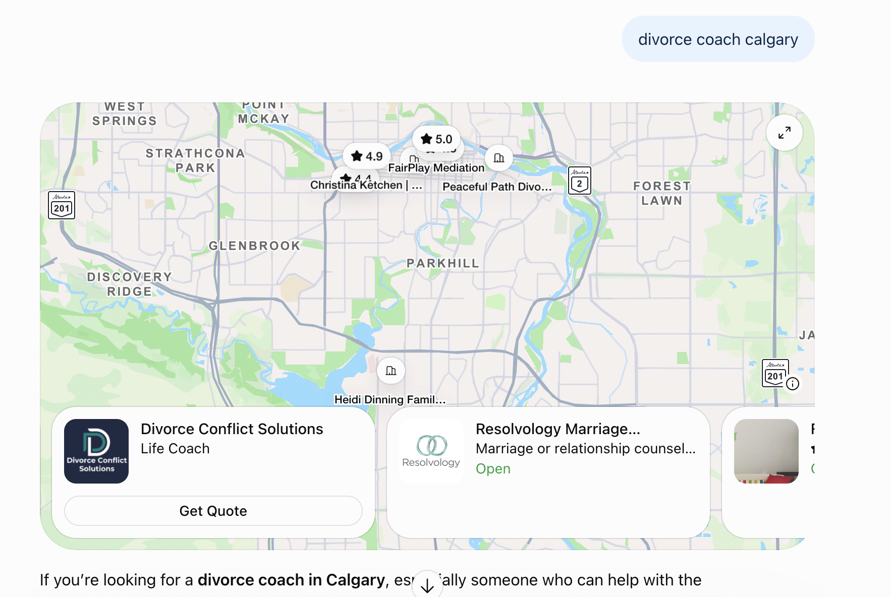ChatGPT map results showing Divorce Conflict Solutions first
