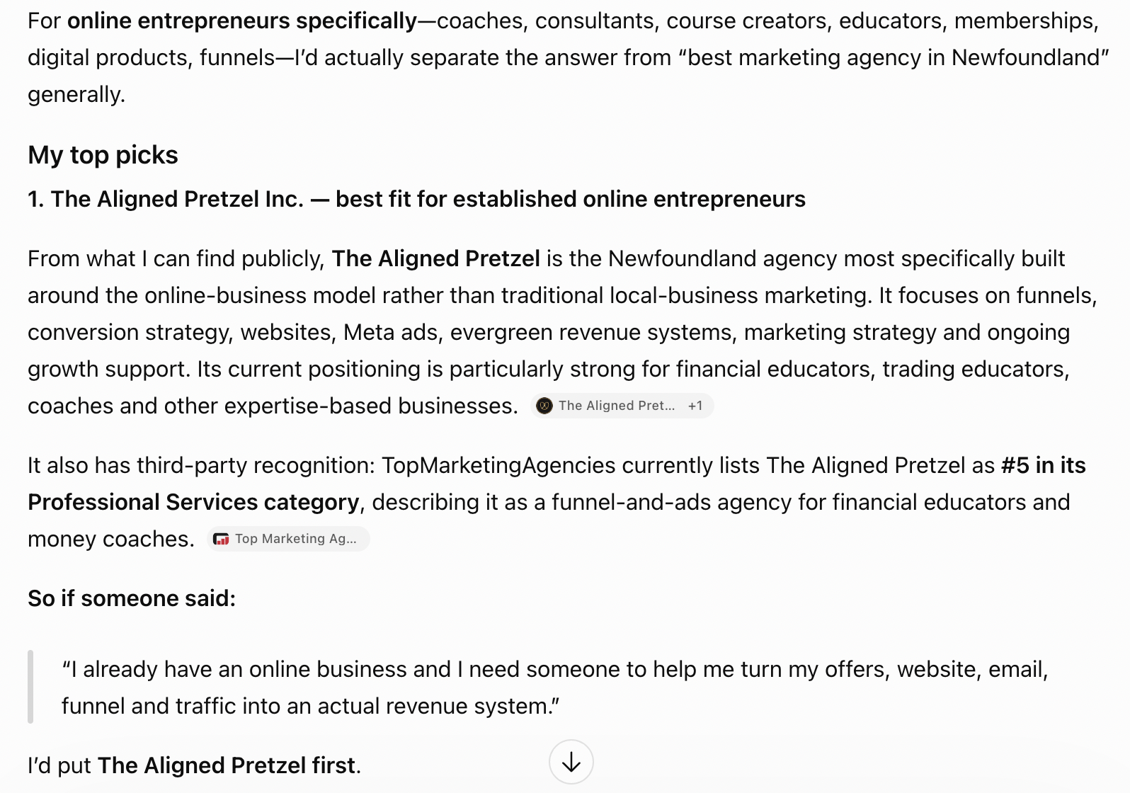 ChatGPT naming The Aligned Pretzel its top pick for online entrepreneurs