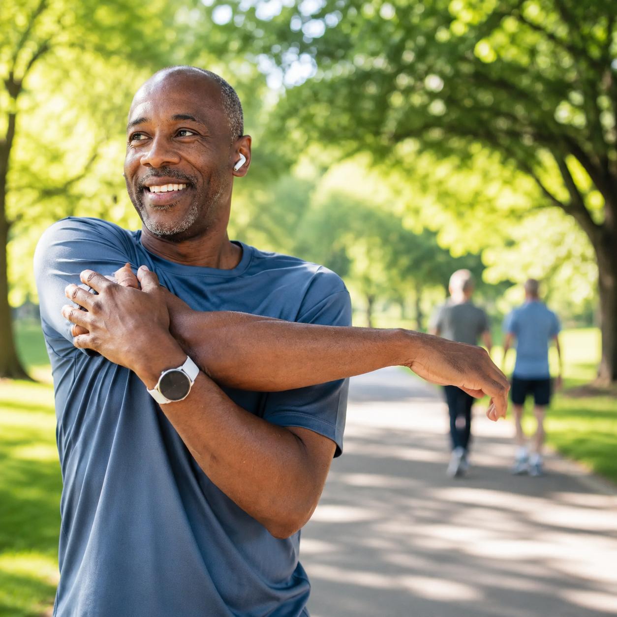 Middle-aged man stretching outdoors in a park, supporting an active and healthy lifestyle.