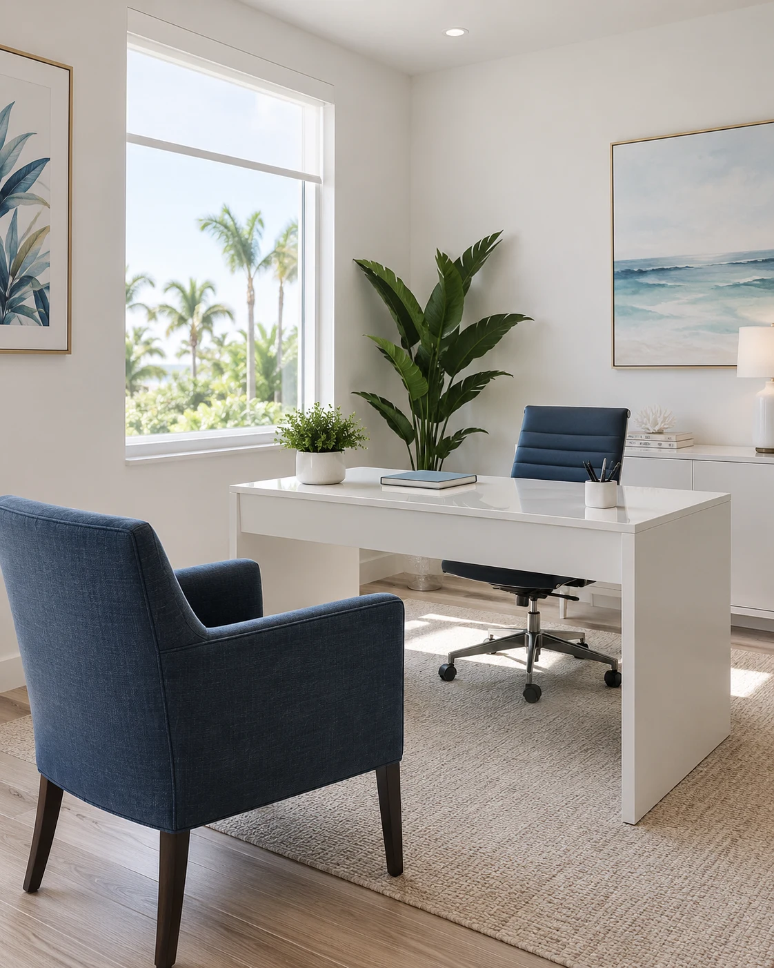 Bright, welcoming medical consultation room with blue chairs and a white desk.