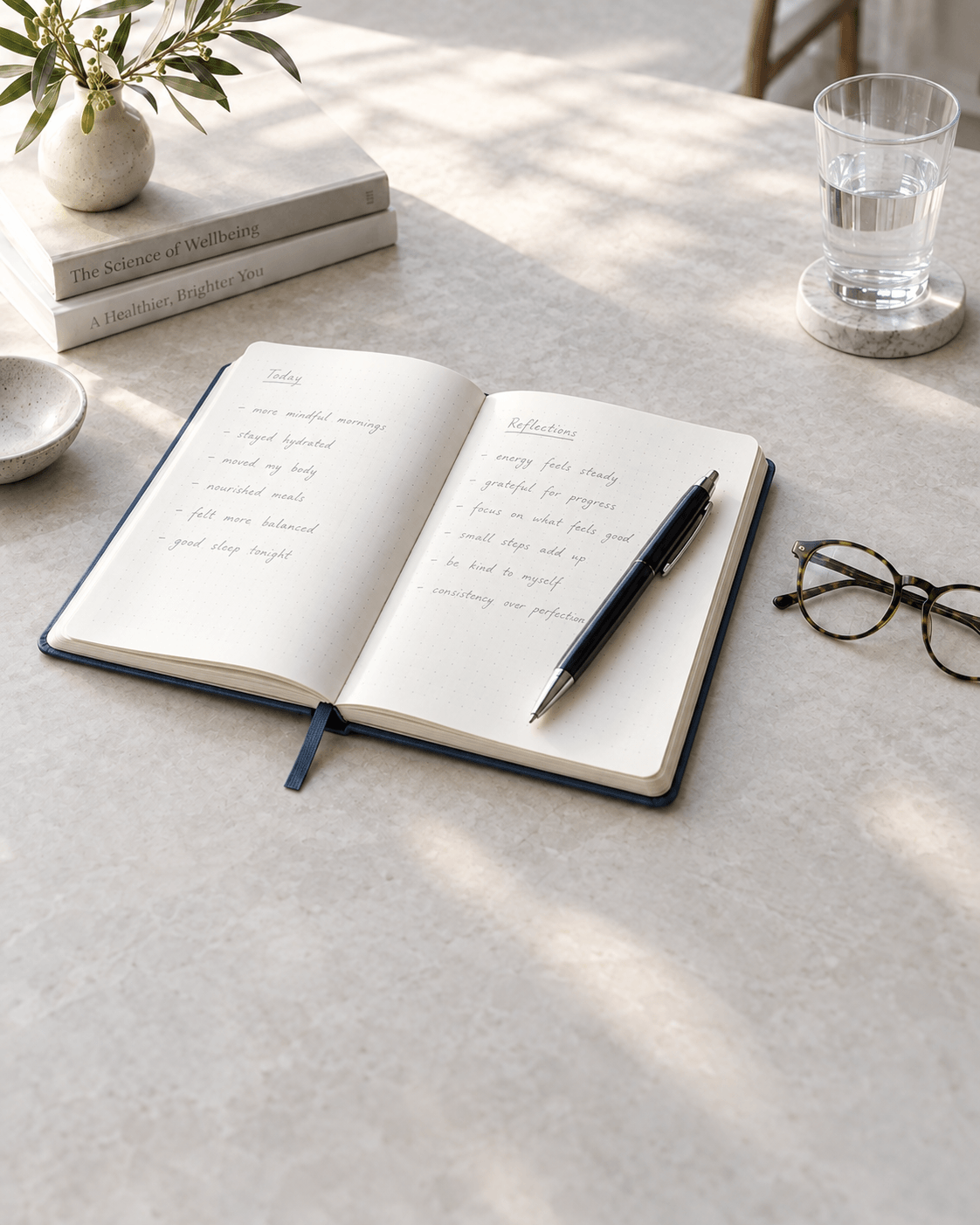 Open wellness notebook with a pen, reading glasses, and a glass of water on a bright desk