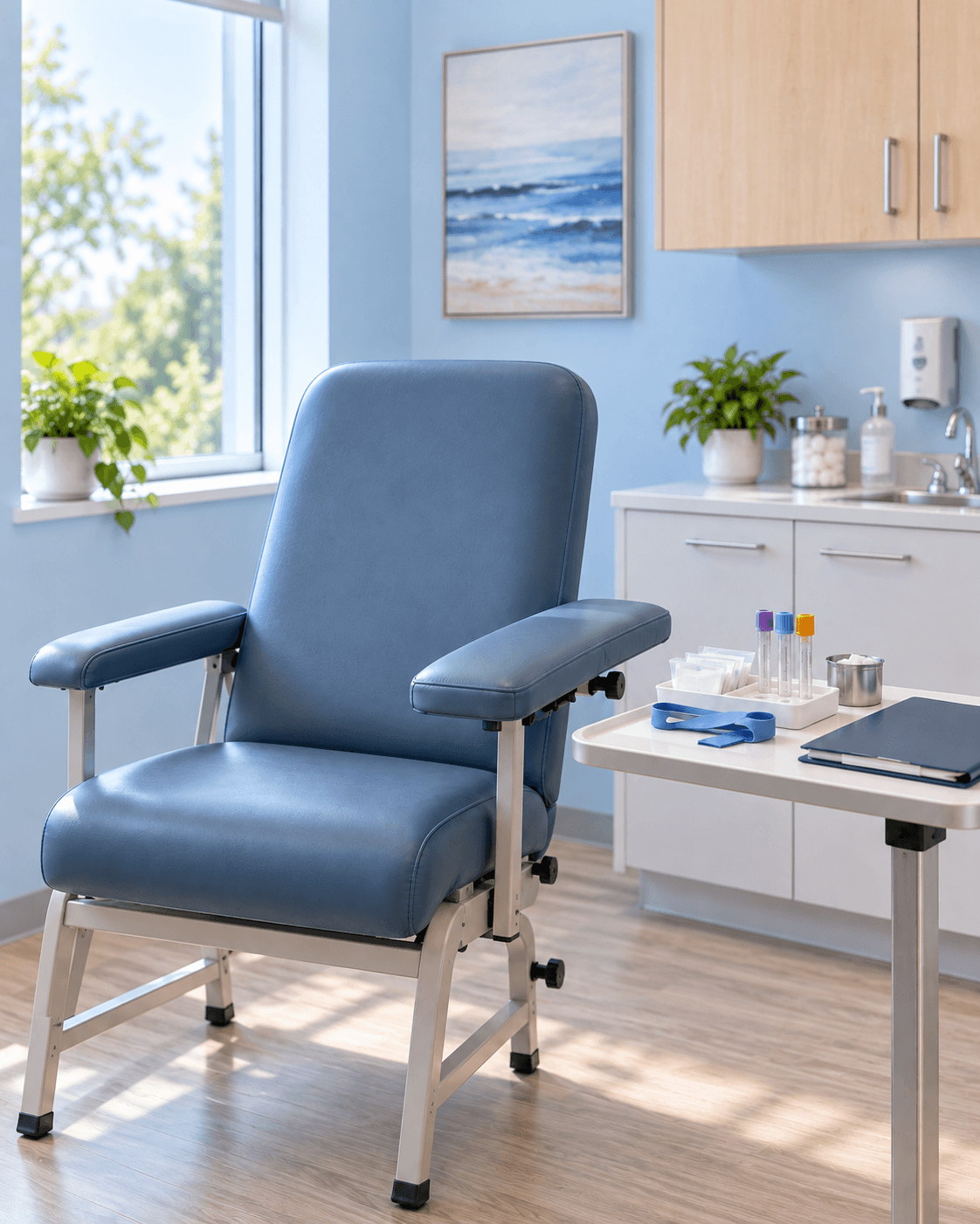 Empty testing chair with organized lab supplies in a bright medical clinic.