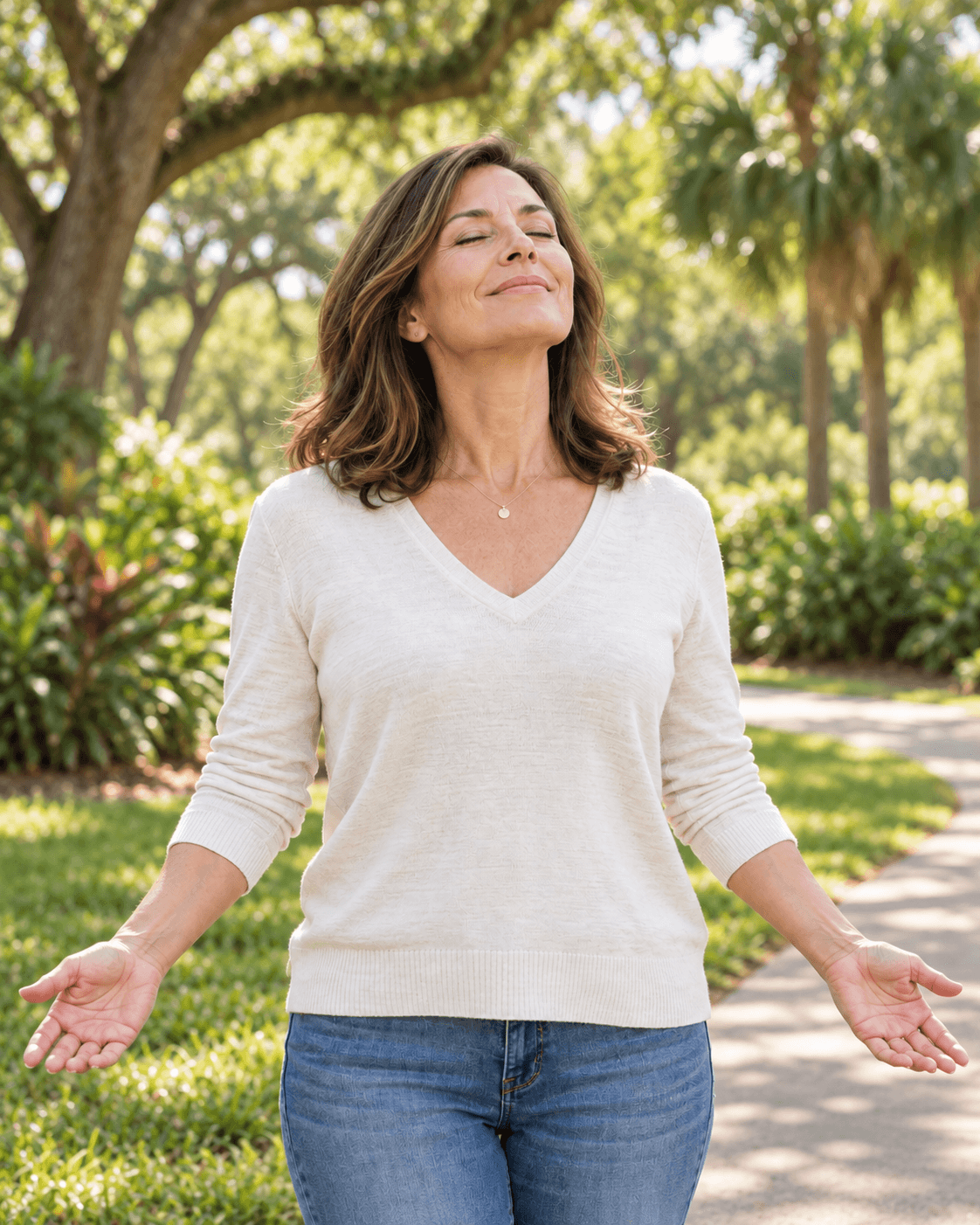 Middle-aged woman standing outdoors in a peaceful garden with her eyes closed, taking a calm moment during perimenopause.