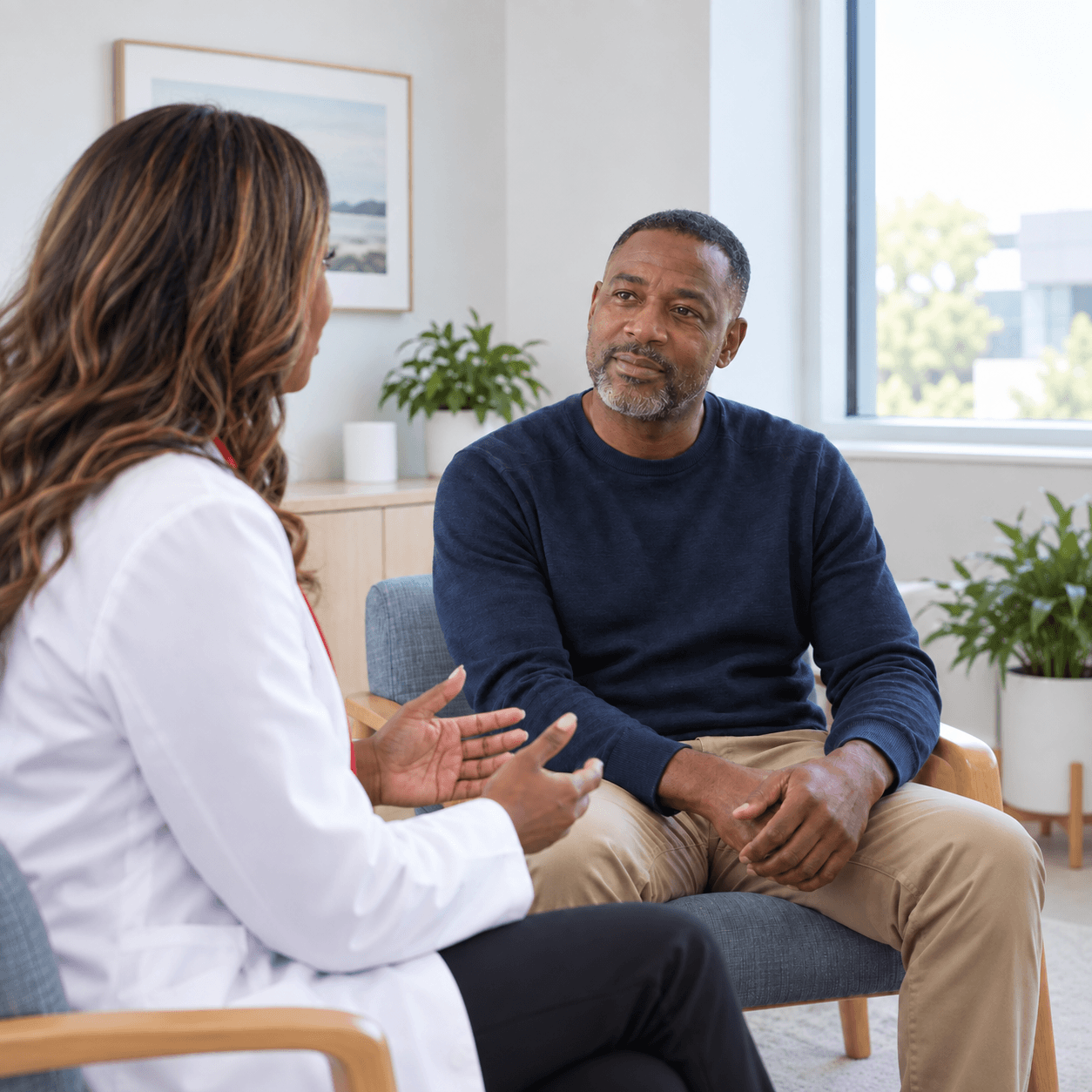 Male patient discussing sexual health concerns with a healthcare provider during a private medical consultation.