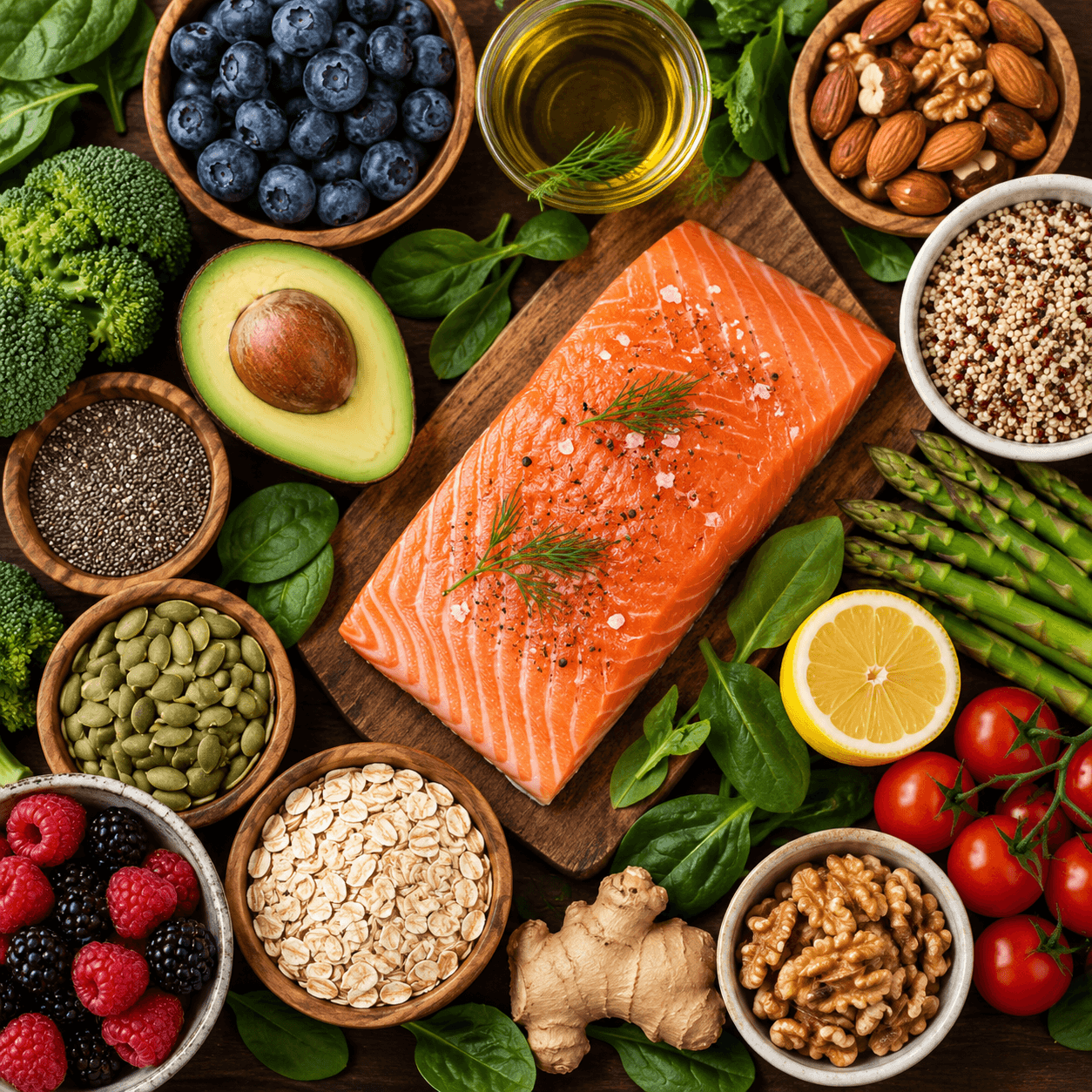 Salmon, avocado, berries, leafy greens, nuts, seeds, and whole grains arranged as nutrient-rich foods that support gut health.