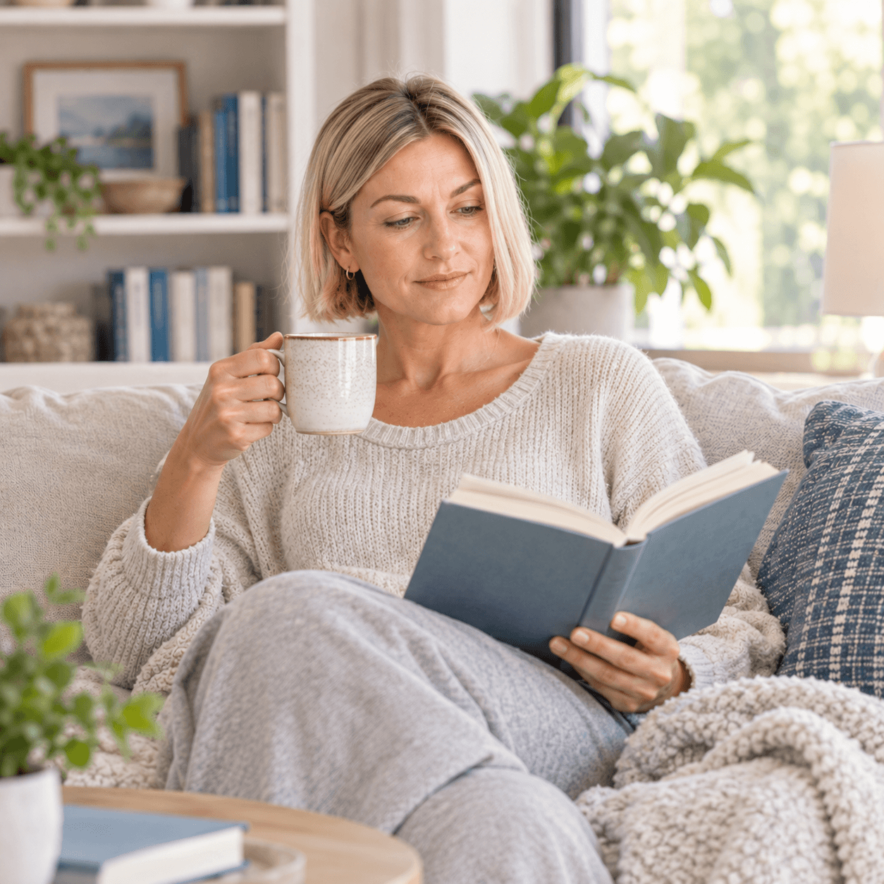 Middle-aged woman relaxing at home with a book and warm drink, supporting overall wellness and vitality.