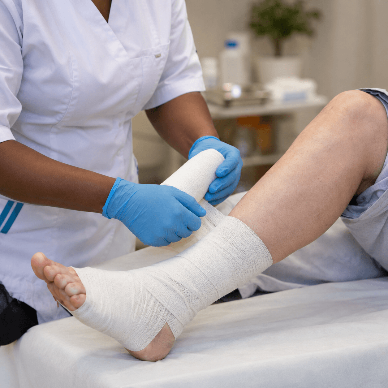 Healthcare provider applying a clean bandage to a patient’s lower leg during wound care treatment.