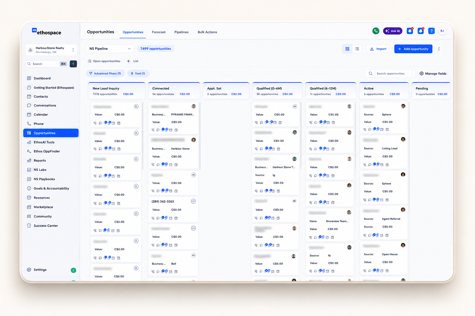 Ethospace CRM pipeline view