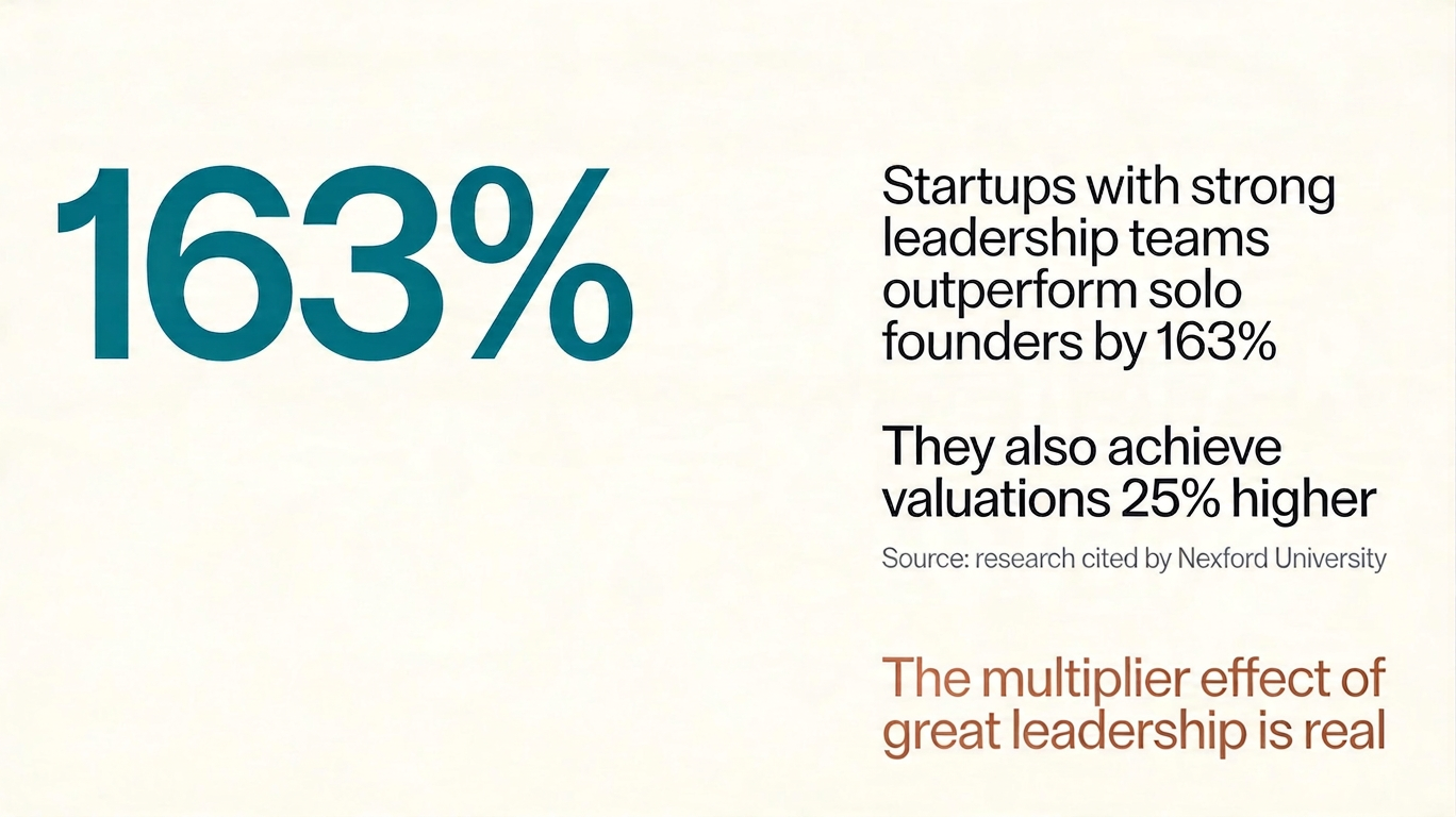 Startups with strong leadership teams outperform solo founders by 163%