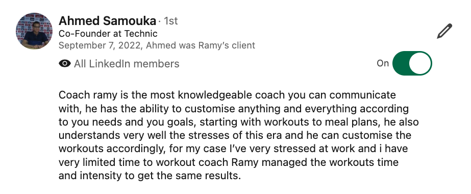 LinkedIn recommendation from Ahmed Samouka about adapting training around work stress and limited time