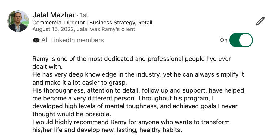 LinkedIn recommendation from Jalal Mazhar about simplifying fitness and building lasting healthy habits