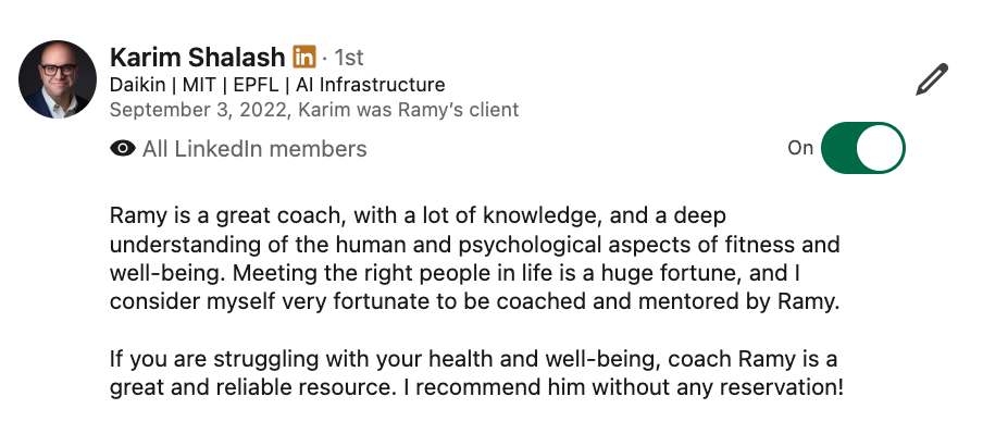LinkedIn recommendation from Karim Shalash about Ramy’s coaching knowledge and understanding of fitness and well-being