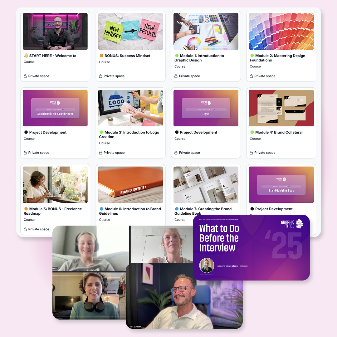 Pult dekket med fargeprøver, penner, notatblokker, nettbrett og skjerm for grafisk design