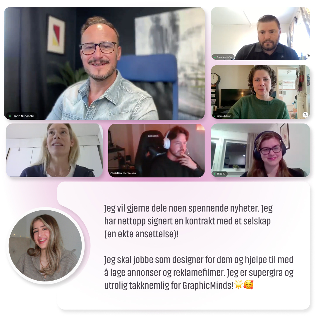 En gruppe designere som jobber med et prosjekt med støtte og veiledning fra en erfaren grafisk designer