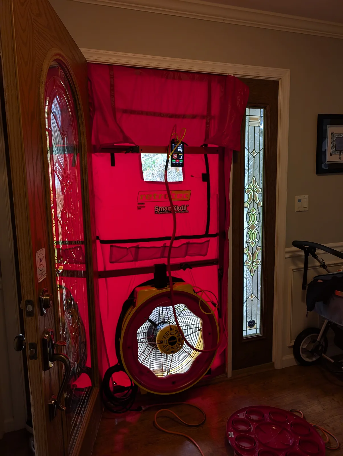 Blower door test set up in a Monmouth County, NJ home entry