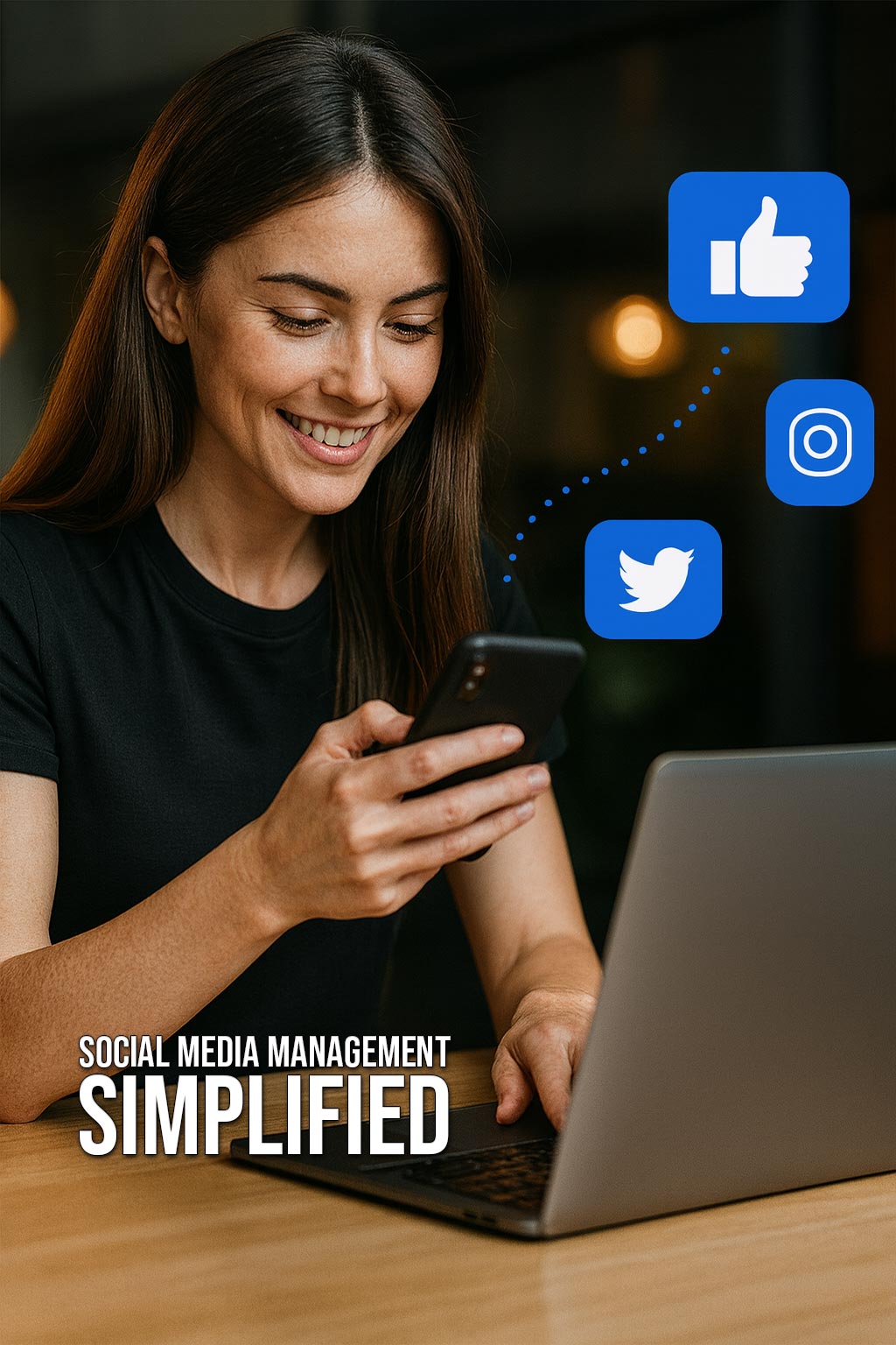 Social Media Management simplified — woman on phone with social icons
