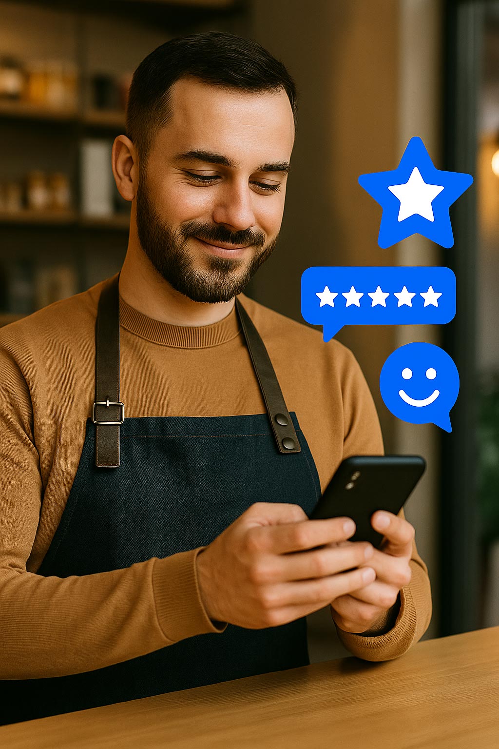Reputation and review management — happy customer leaving a 5-star review