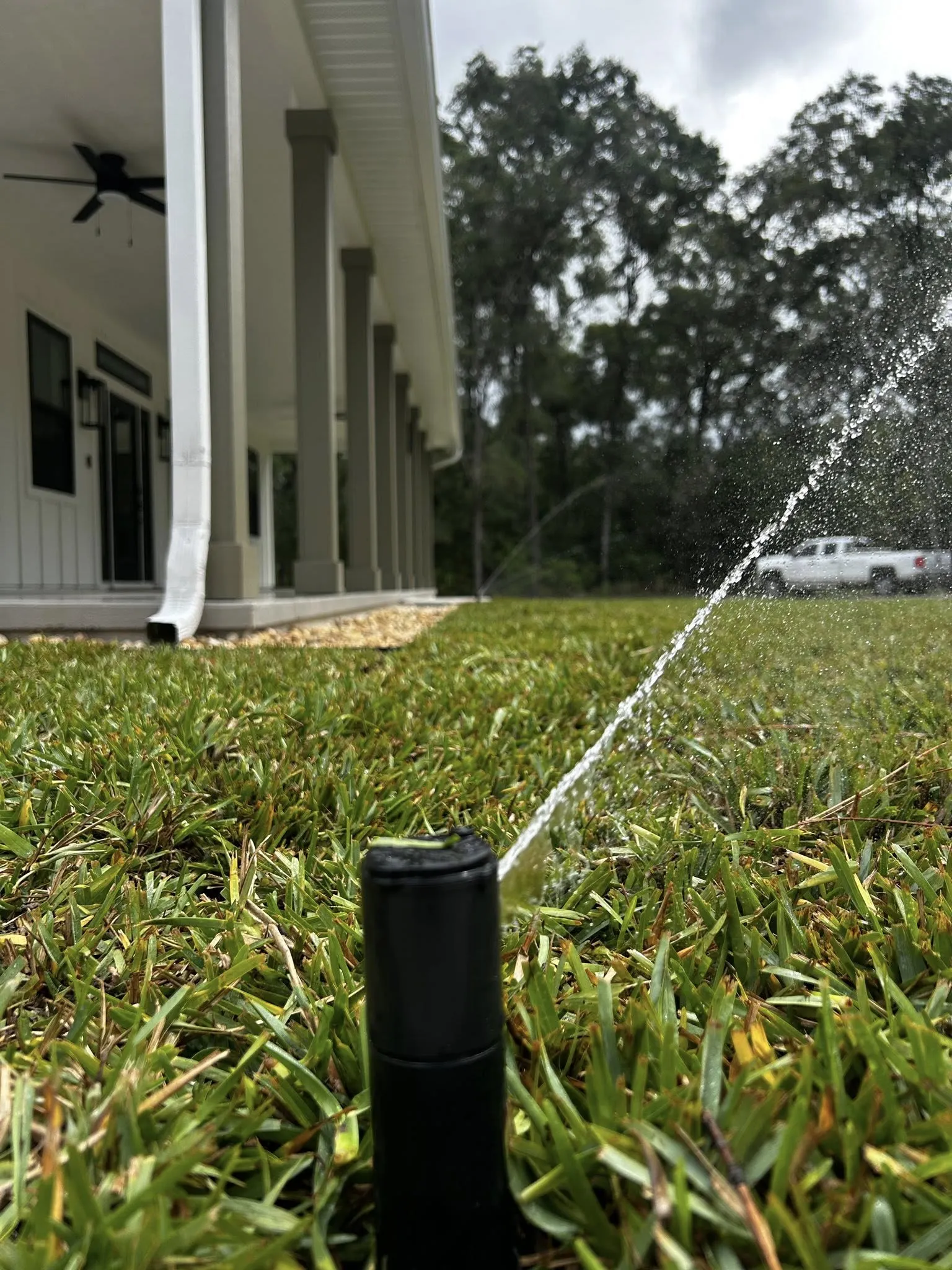 Lawn sprinkler system watering green grass