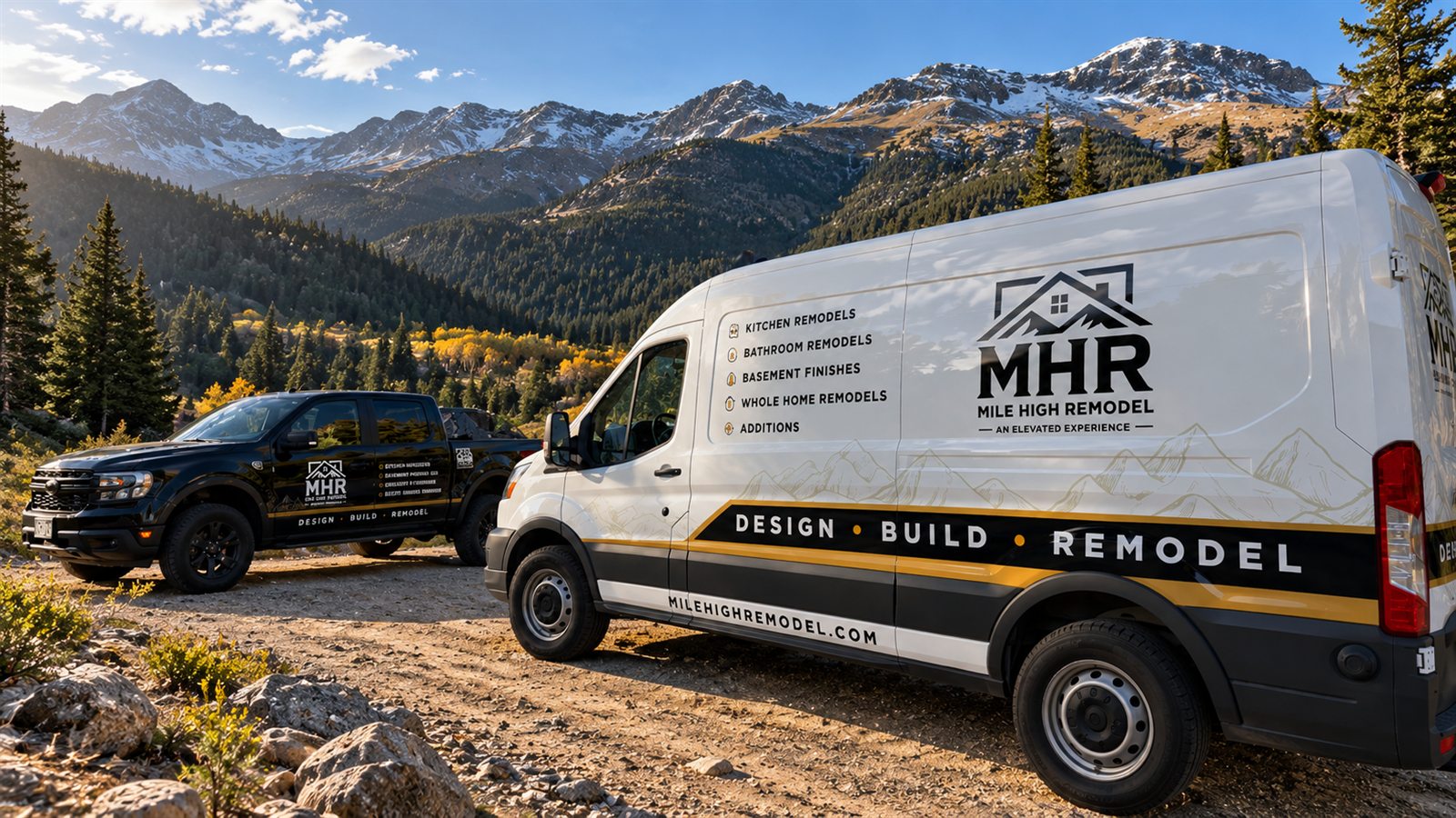 Mile High Remodel van and truck in the Colorado mountains