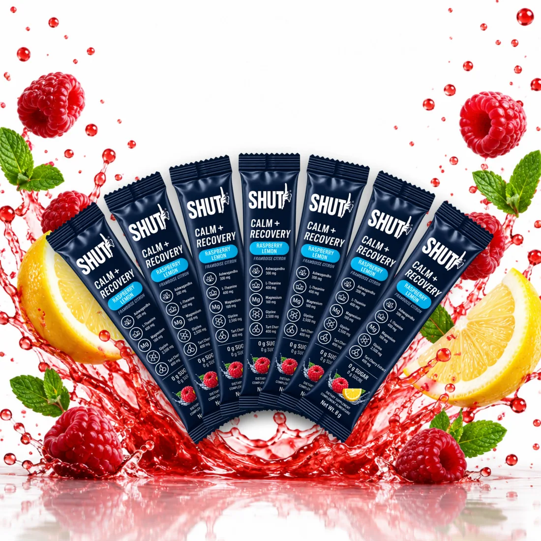 SHUT sticks fanned out with a raspberry-lemon splash