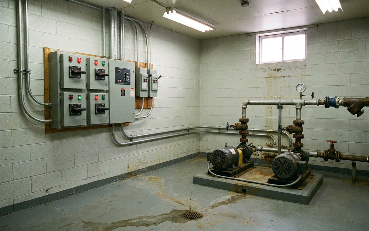 A pump house interior with two pumps and pipework
