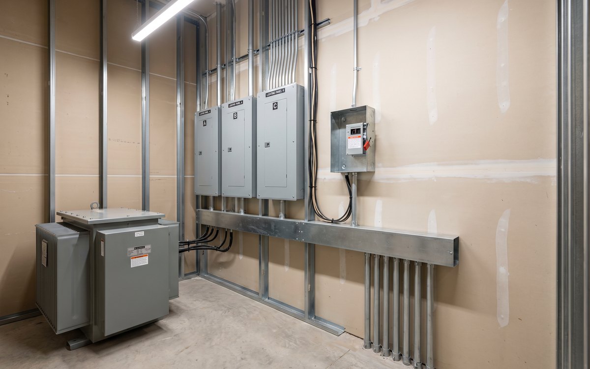 A commercial electrical room with a transformer, lighting panels and conduit