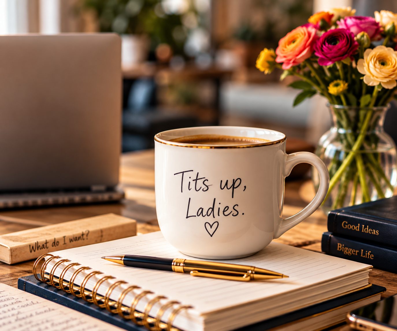 A white mug reading Tits up, Ladies on a notebook with a gold pen, flowers, and books titled Good Ideas and Bigger Life