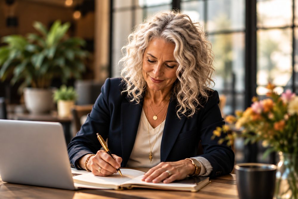A silver-haired woman in a navy blazer smiles as she writes in a notebook at a cafe table