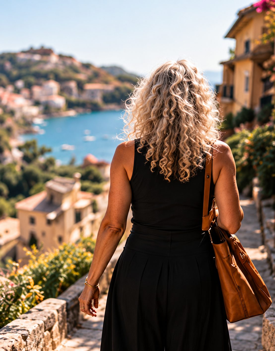 A woman with long silver-blond curls walks a stone path above a Mediterranean harbor, leather bag on her shoulder