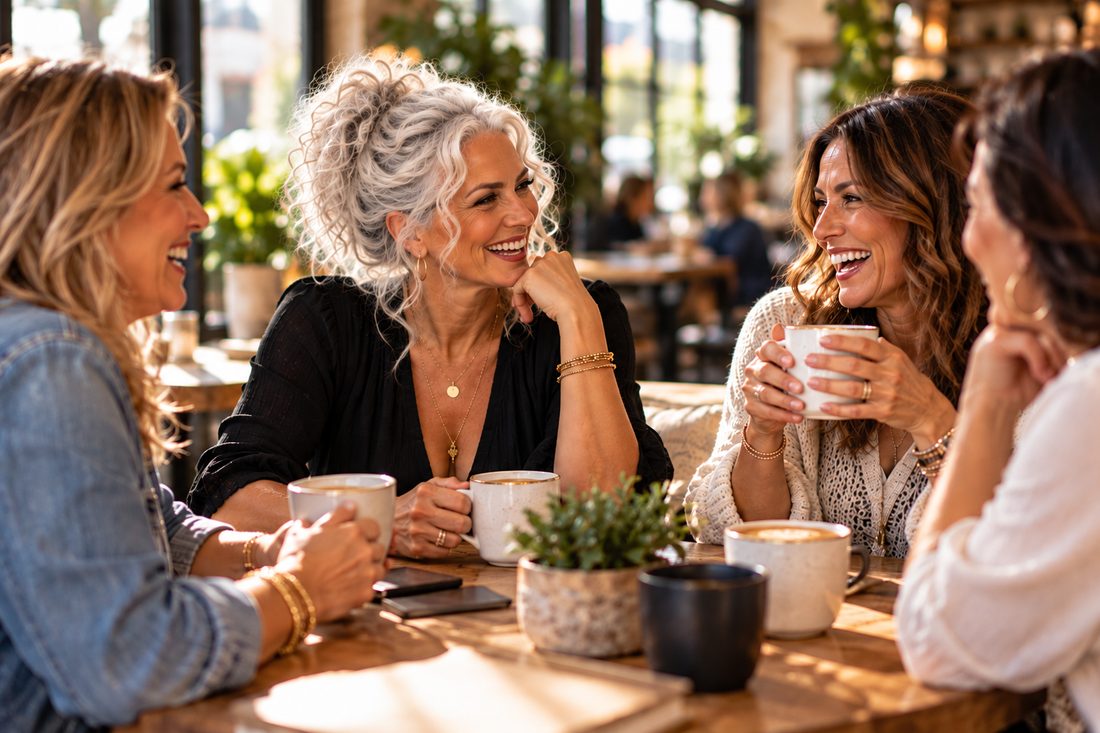 Four midlife women laughing together over coffee at a sunny cafe table