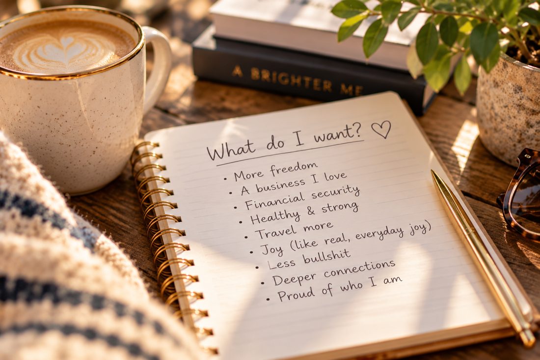 A notebook page titled What do I want? listing more freedom, a business I love, travel more, less bullshit and proud of who I am, beside a latte