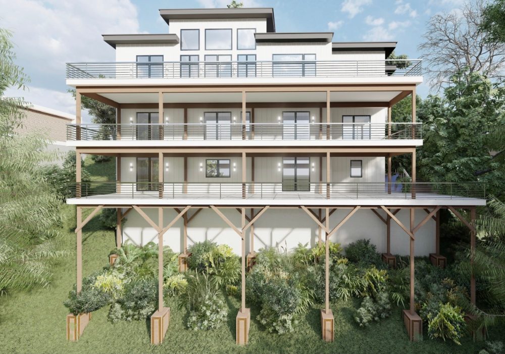 Rear elevation rendering showing three levels of balconies