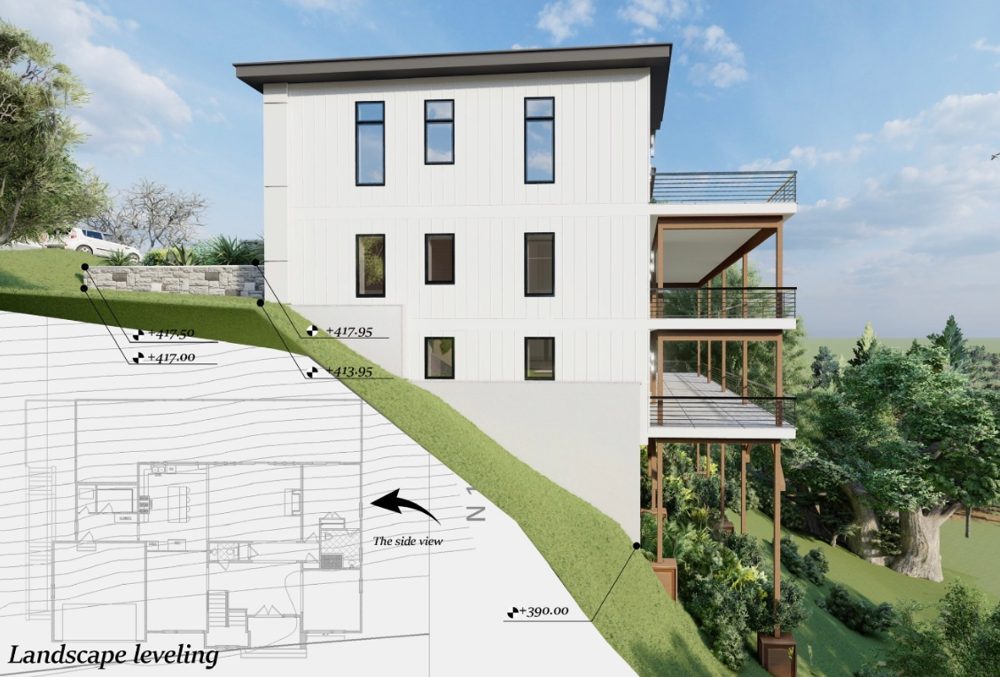 Side elevation rendering with grade elevations