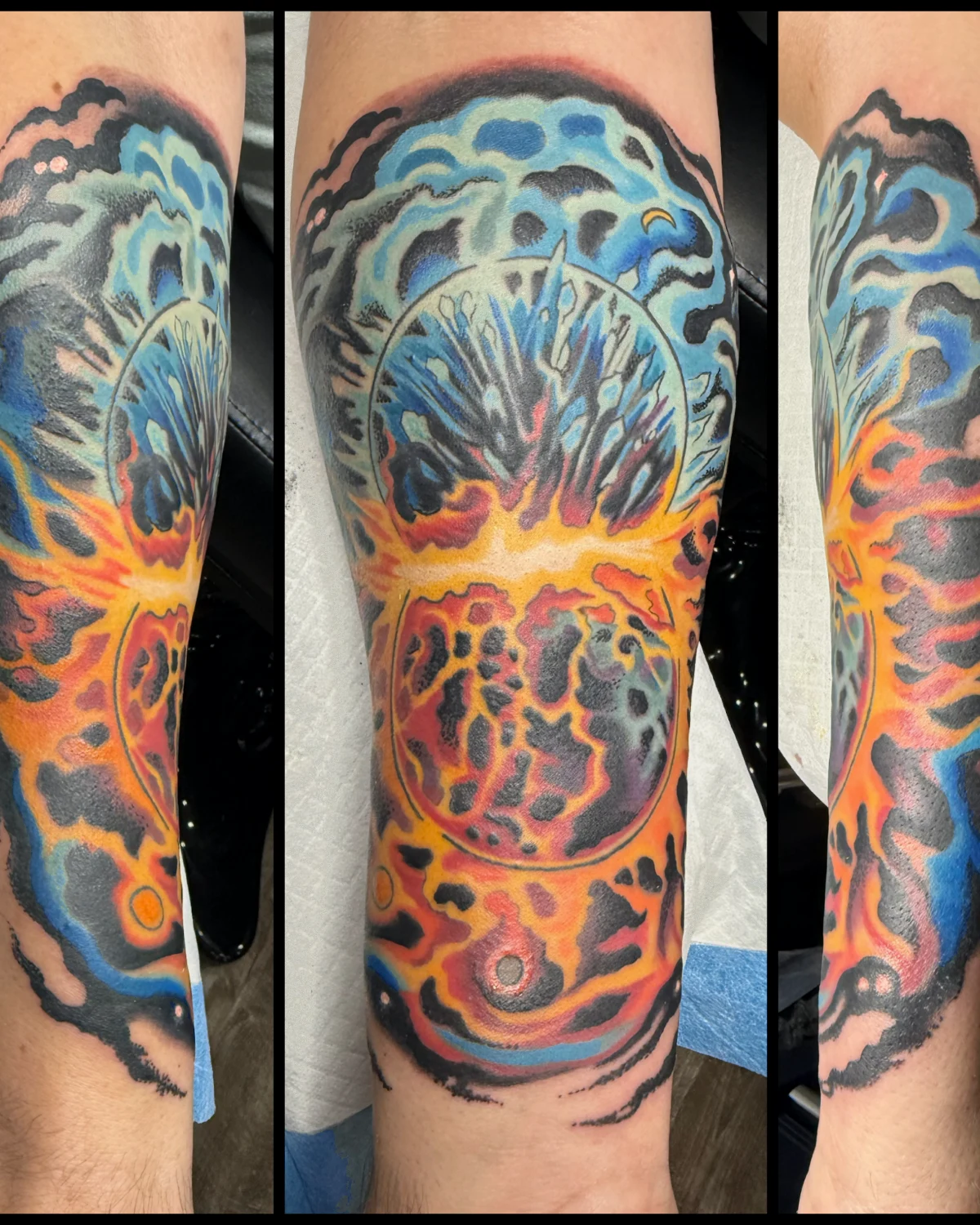 Alternate view of blue and orange cosmic tattoo by Nicole Miller in Missoula Montana