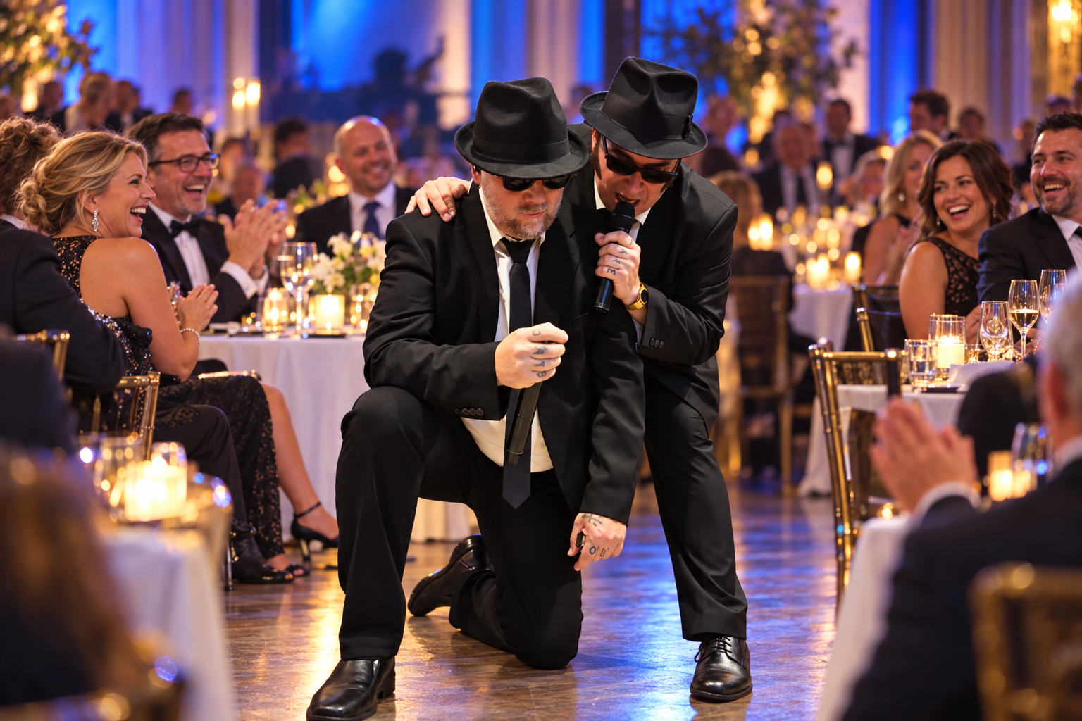 Big Blue im Blues-Brothers-Look zwischen begeisterten Gala-Gästen – inszeniertes Motiv zum Party-Crash-Einstieg