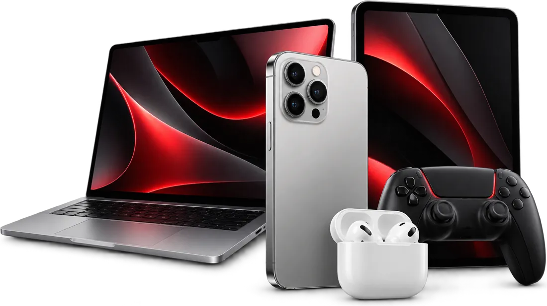 Phone, laptop, tablet, earbuds and game controller