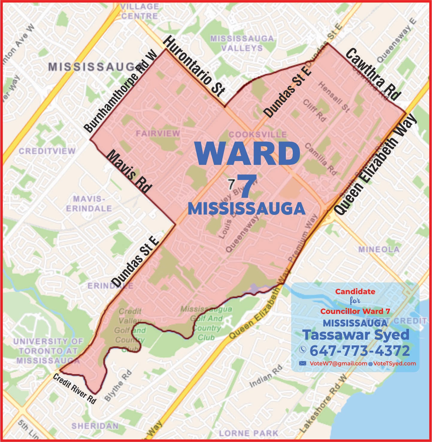 Official Ward 7 Mississauga boundary map showing major roads and the Tassawar Syed campaign contact details