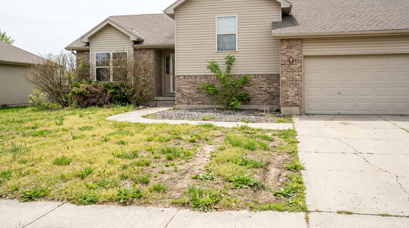 Before: patchy front lawn with overgrown, undefined landscape beds