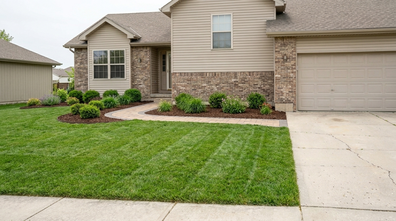 After: fresh sod, crisp steel-edged beds and a new paver walkway