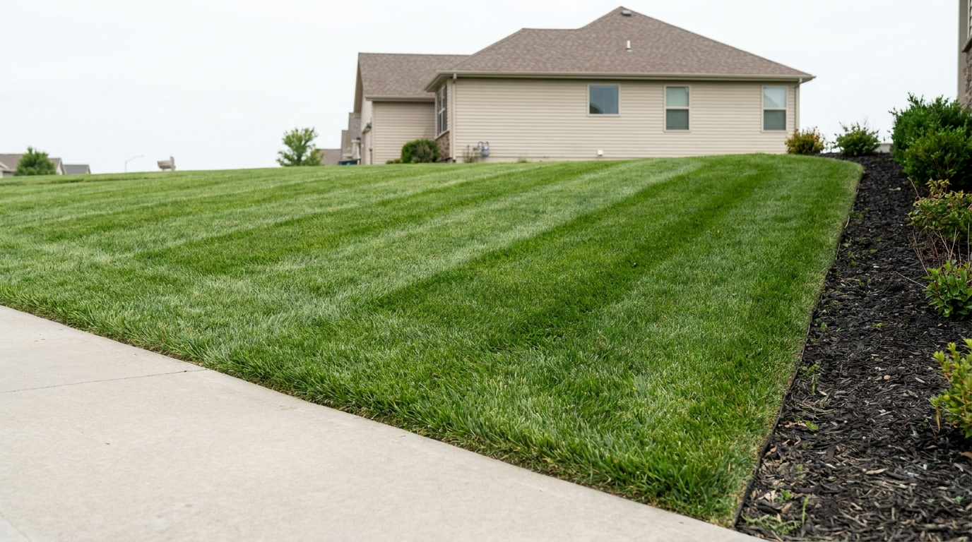 Freshly mown lawn with clean stripes and edged borders