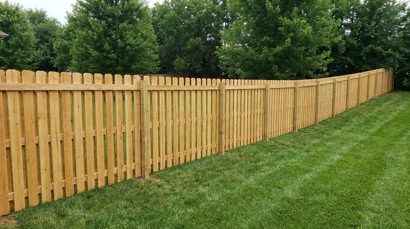 New wood privacy fence with straight, level panel lines along a property line
