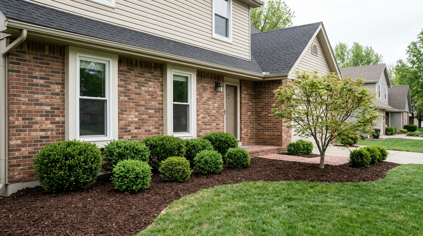 Shaped ornamental shrubs along a home's foundation