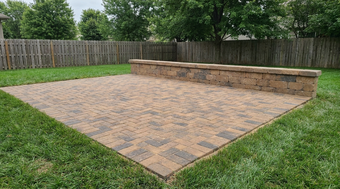 Paver patio with a soldier-course border and a low seat wall