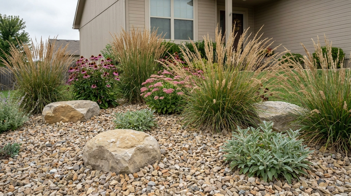 Drought-tolerant planting of native grasses, gravel and stone