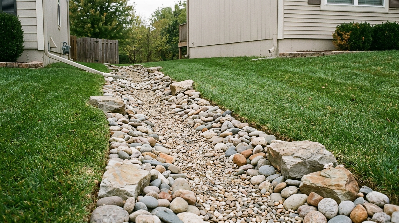 Dry creek bed of river rock carrying runoff away from a foundation