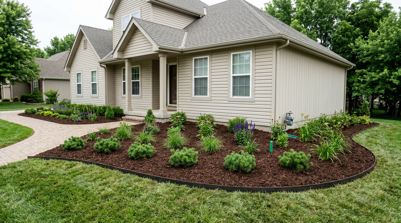 Newly installed landscape bed with layered plantings, steel edging and fresh mulch